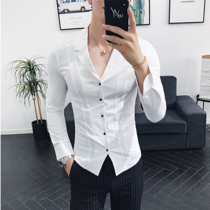 Long-Sleeved V-neck Slim Fit Casual Business Shirts - Sabreeonline
