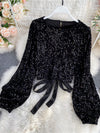 O-Neck Shirts Long-sleeved Open Back Lace-up Bow Short Tops Female - Sabreeonline