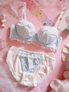 Japanese underwear cute girl sweet blue black plaid bubble lace with steel ring thin large size gather bra set - Sabreeonline