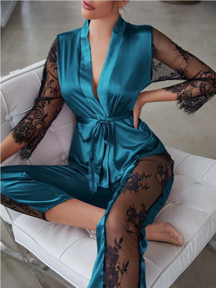 Gorgeous Sleeve Top with Pant Contrast Lace Lounge Wear - Sabreeonline