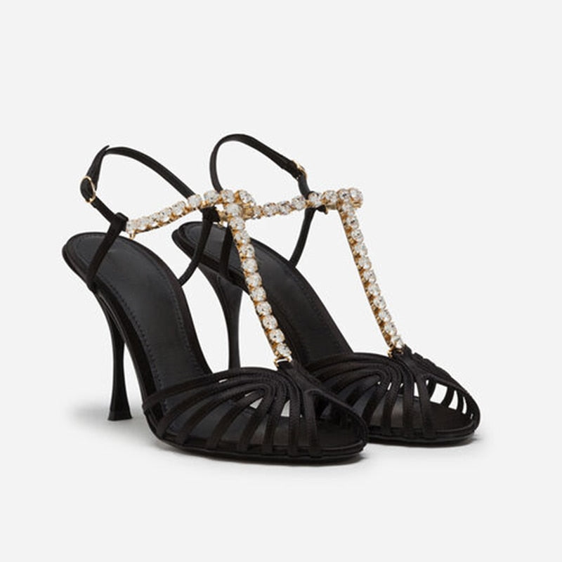 Rhinestone Chain T-strap Hollow Pink Silk - Sabreeonline
