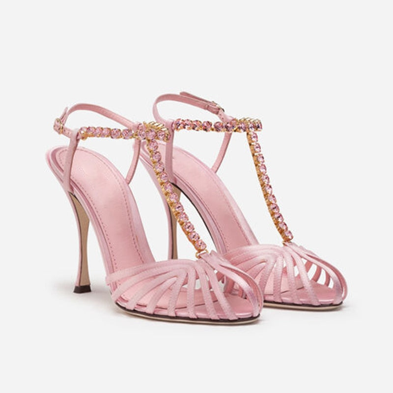 Rhinestone Chain T-strap Hollow Pink Silk - Sabreeonline