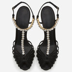 Rhinestone Chain T-strap Hollow Pink Silk - Sabreeonline