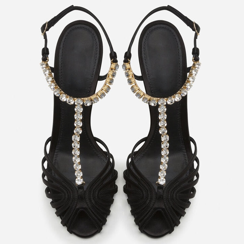 Rhinestone Chain T-strap Hollow Pink Silk - Sabreeonline