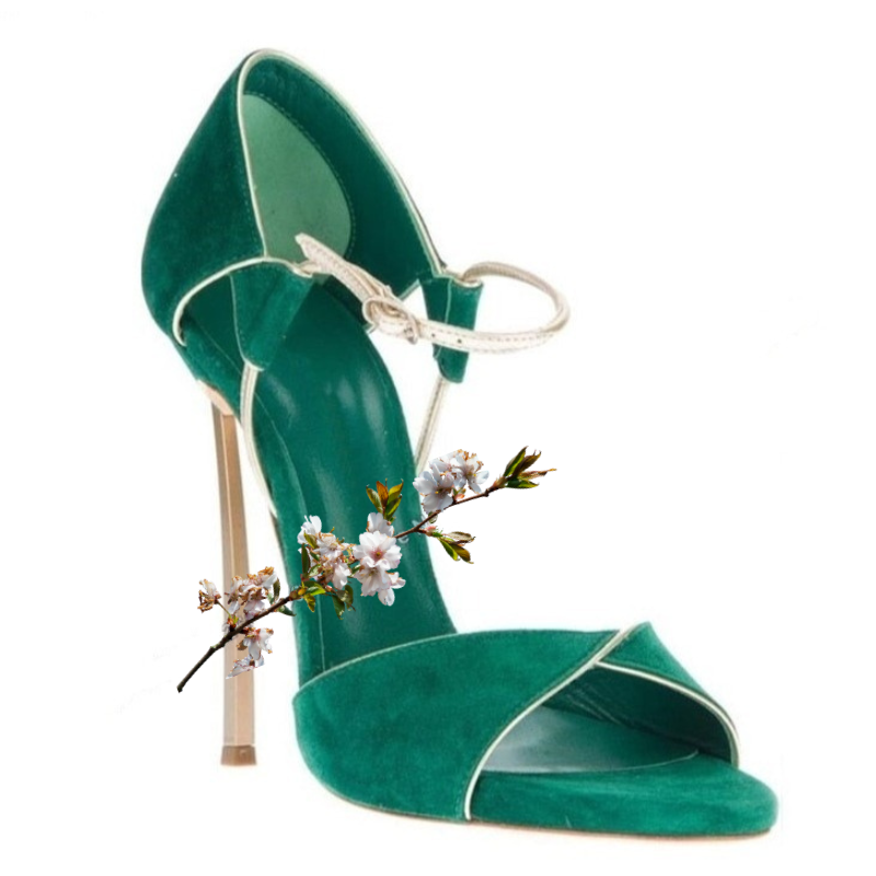 Ankle Buckle Green Sandals Metal Heels - Sabreeonline