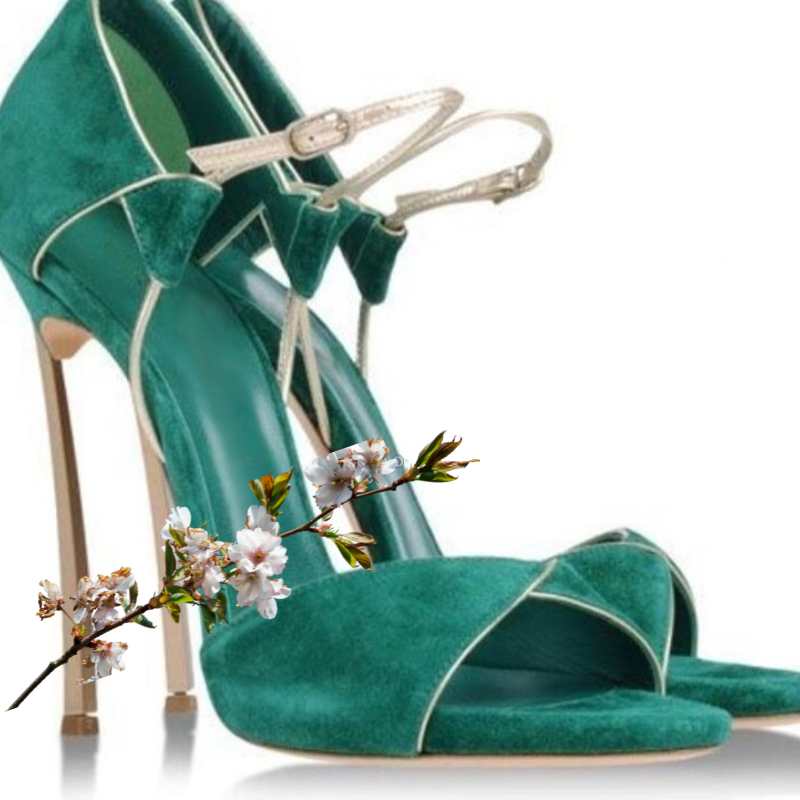 Ankle Buckle Green Sandals Metal Heels - Sabreeonline