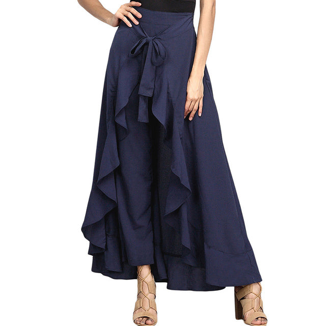 Causal Ruffle Drawstring Trouser Elegant High Waist Irregular Loose Pure Color - Sabreeonline