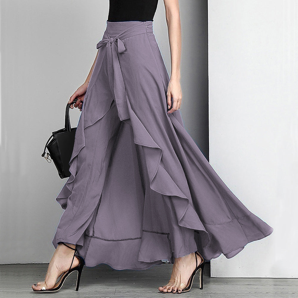 Causal Ruffle Drawstring Trouser Elegant High Waist Irregular Loose Pure Color - Sabreeonline