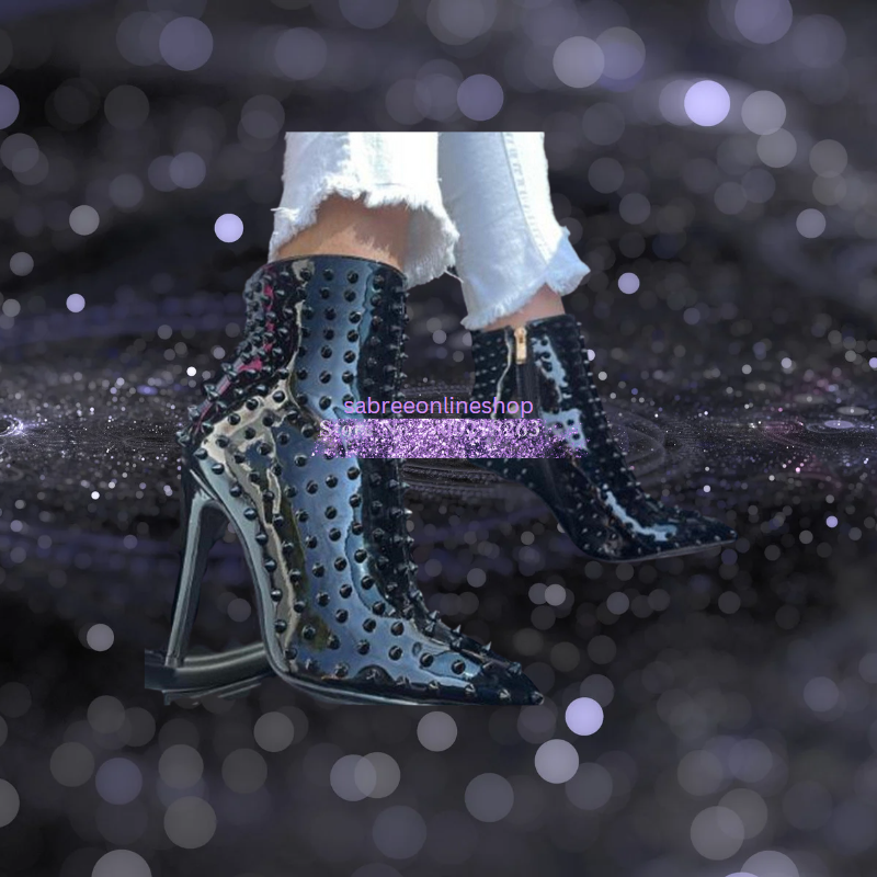 Sexy Rivets Short Boots Pointed Toe High Heels - Sabreeonline
