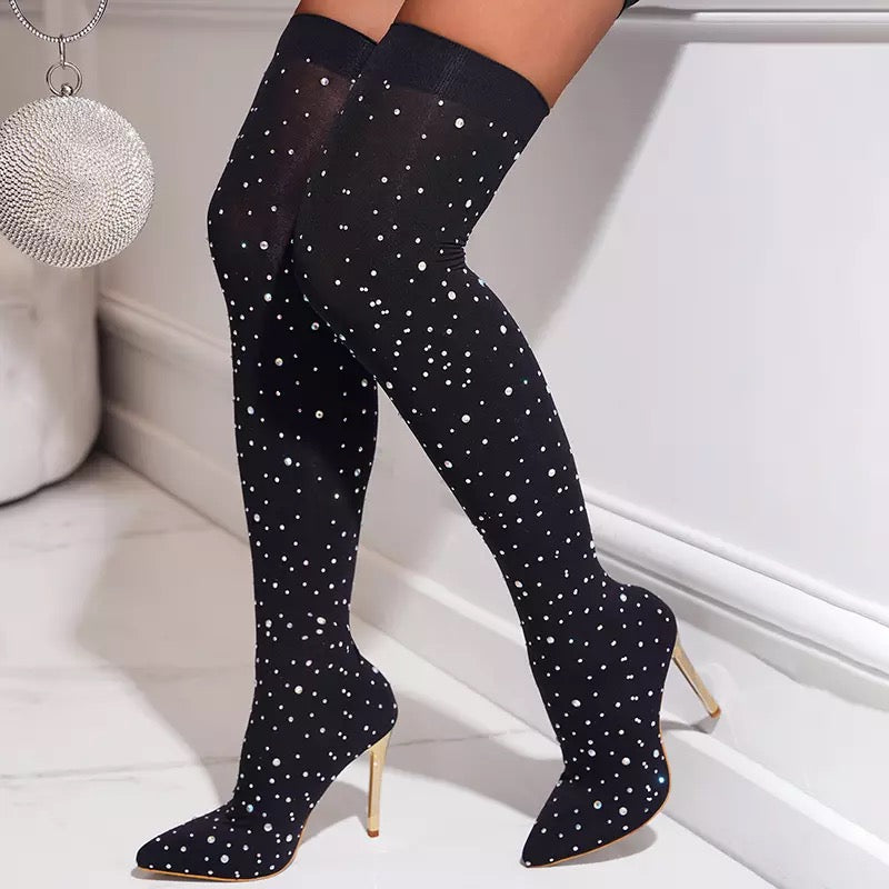 Rhinestone Stretch Boots Over the Knee-High Heels Luxury Pointed Toe Shoes - Sabreeonline