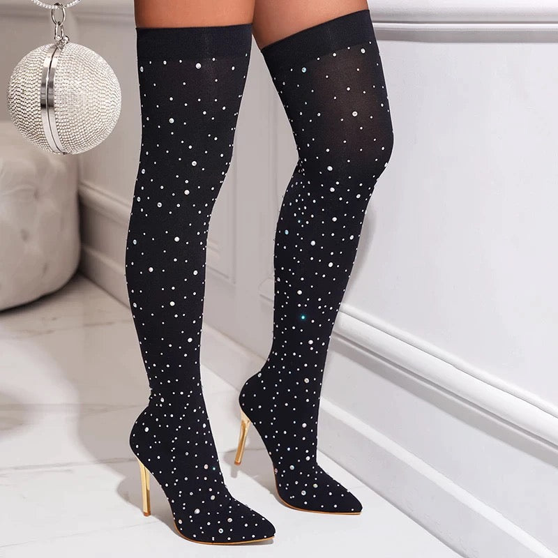 Rhinestone Stretch Boots Over the Knee-High Heels Luxury Pointed Toe Shoes - Sabreeonline