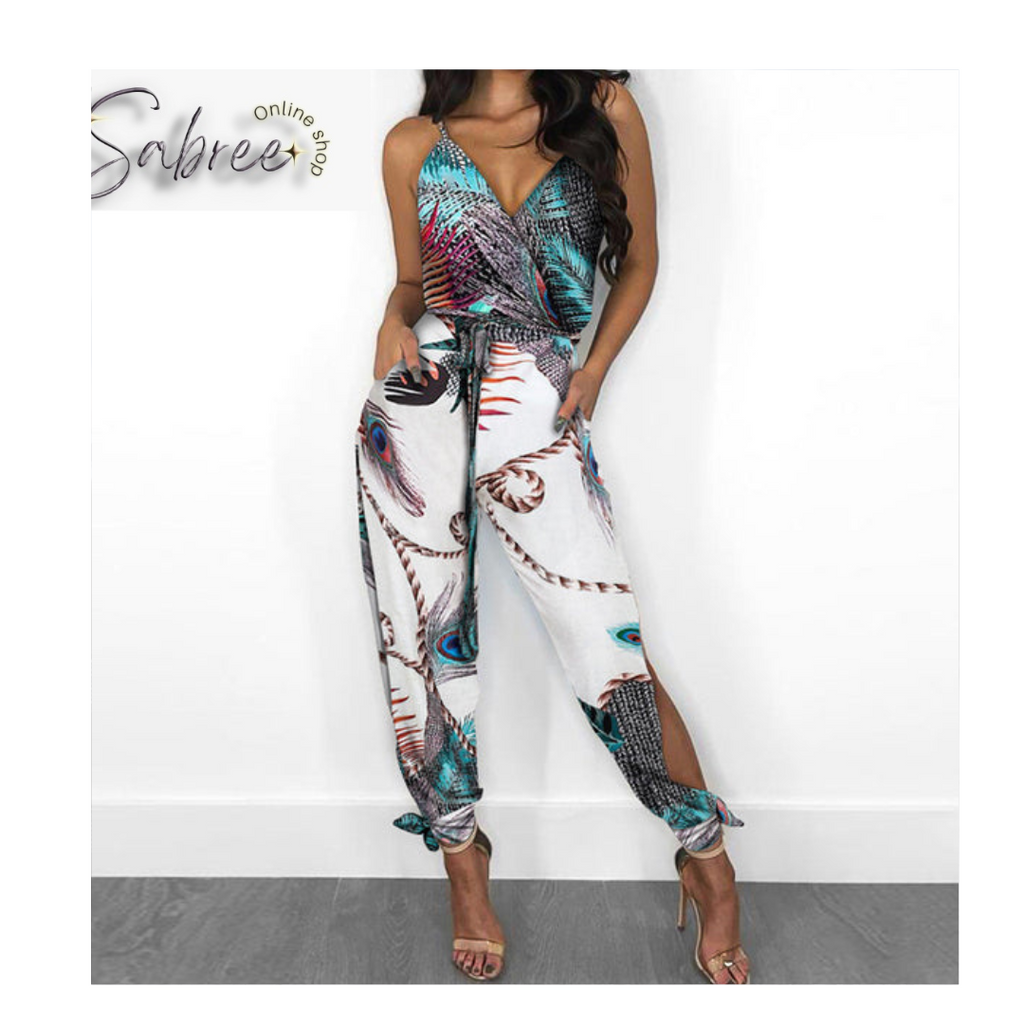 Womens Spaghetti Strap Mixed Print Slit Leg Jumpsuit - Sabreeonline