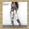 Womens Spaghetti Strap Mixed Print Slit Leg Jumpsuit - Sabreeonline