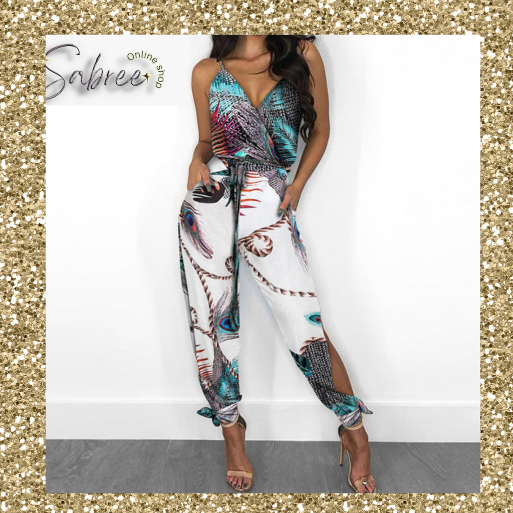 Womens Spaghetti Strap Mixed Print Slit Leg Jumpsuit - Sabreeonline