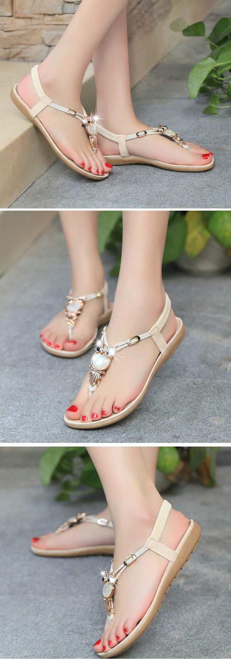 Sandals elastic t-strap bohemia beaded owl slipper flat sandals women summer shoes flip flop - Sabreeonline