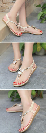 Sandals elastic t-strap bohemia beaded owl slipper flat sandals women summer shoes flip flop - Sabreeonline