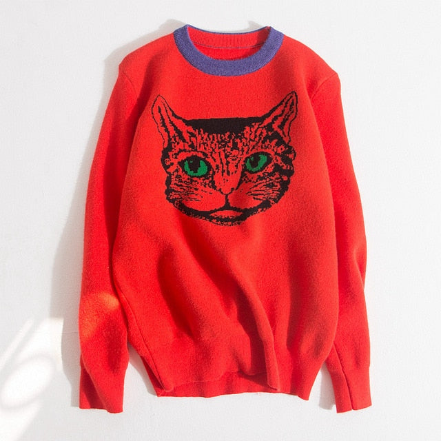Runway Designer Cat Print Knitted Sweater - Sabreeonline