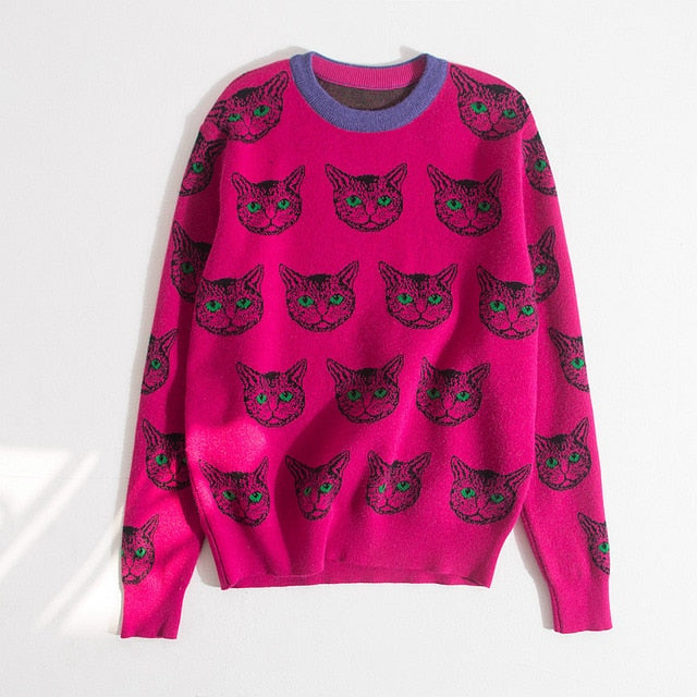 Runway Designer Cat Print Knitted Sweater - Sabreeonline