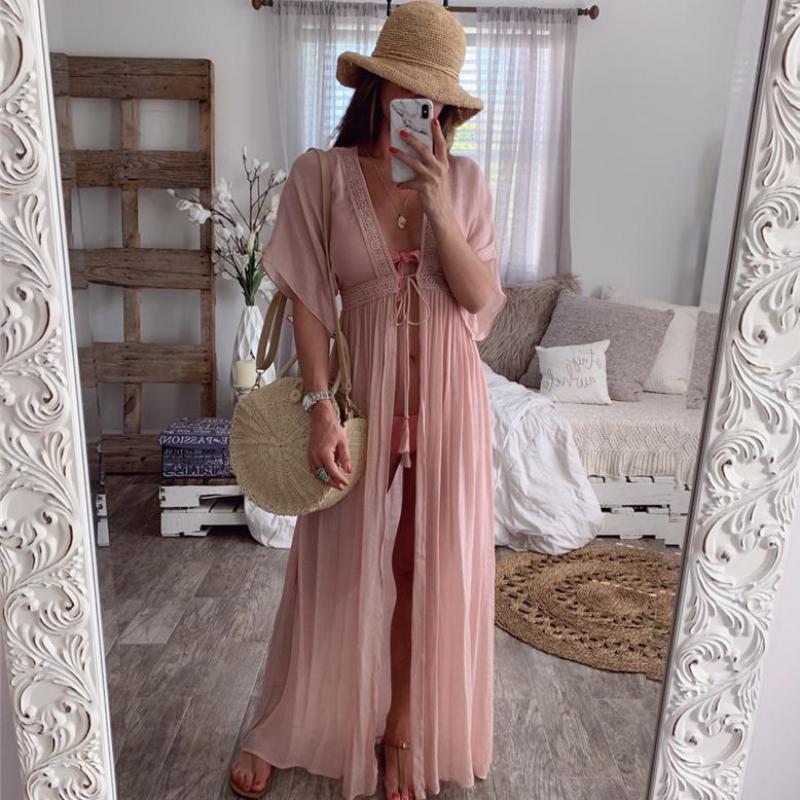 Cover Up Long Cardigan Lace Up Beach Dress - Sabreeonline
