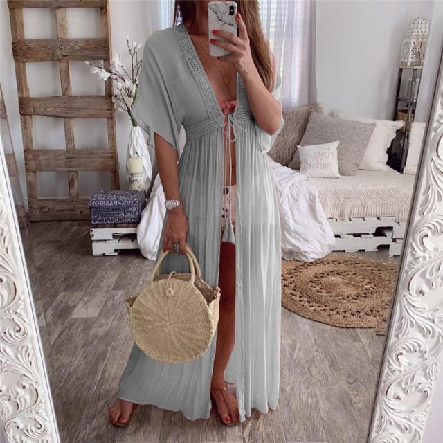 Cover Up Long Cardigan Lace Up Beach Dress - Sabreeonline