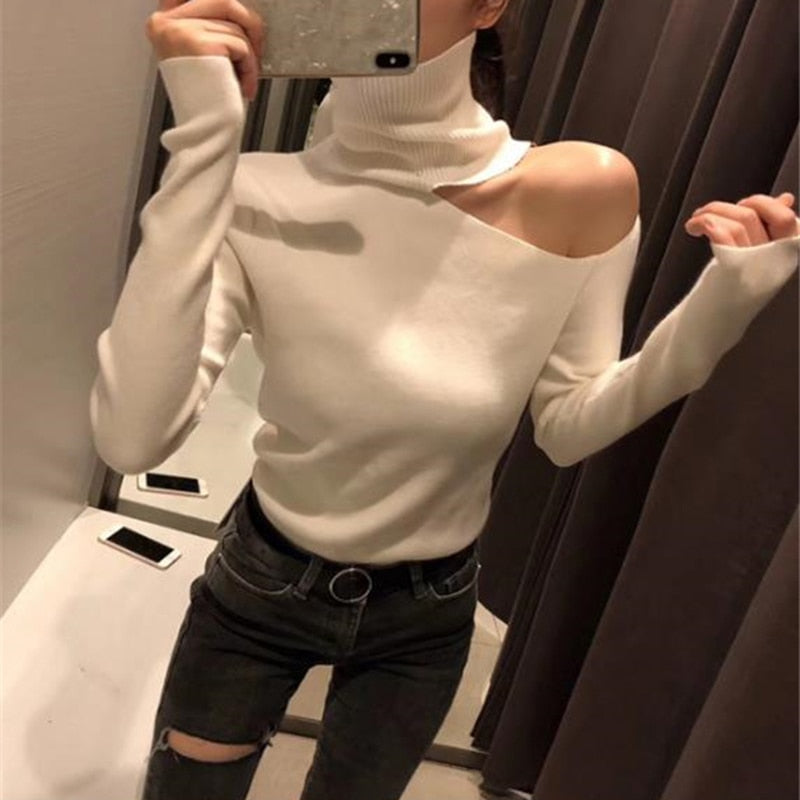 Knitted Sweater Off Shoulder Pullovers Sweater for Women Long Sleeve - Sabreeonline