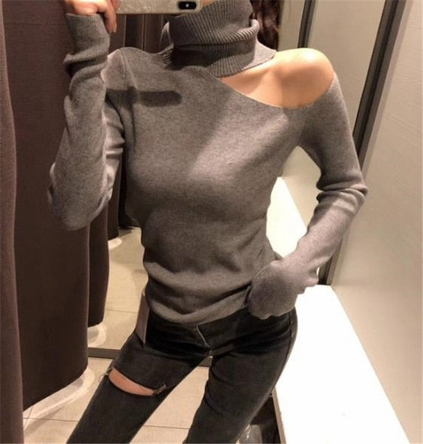 Knitted Sweater Off Shoulder Pullovers Sweater for Women Long Sleeve - Sabreeonline