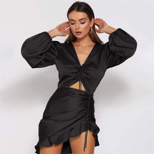 Satin Lace Up Ruffle Dress Female Slim Mini Dresses - Sabreeonline