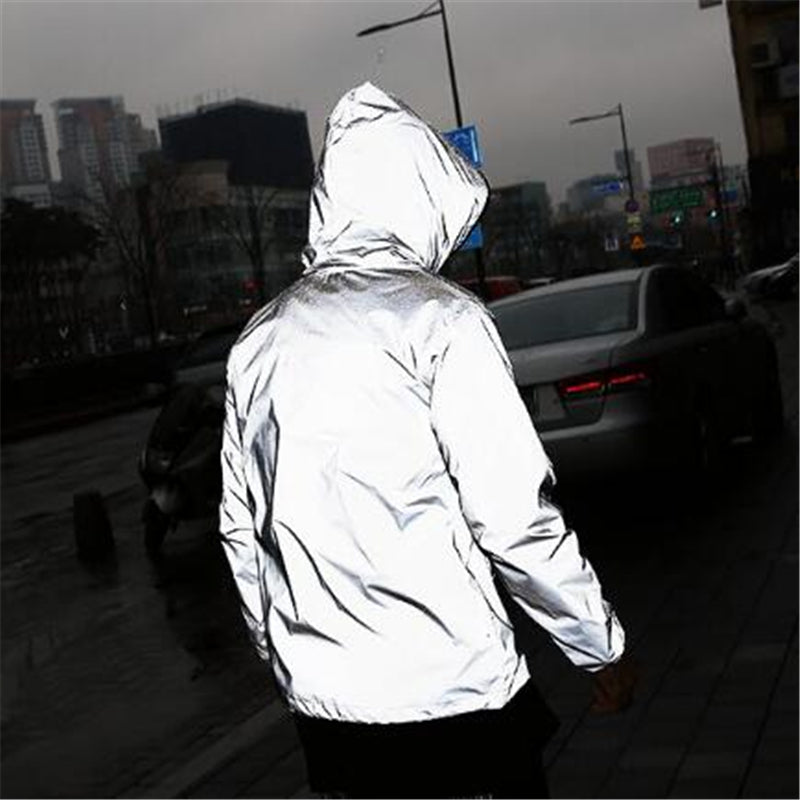 Plus Size 4XL Men Spring Autumn full reflective Windbreaker waterproof Jacket male High street hip hop Loose Hooded Coats - Sabreeonline