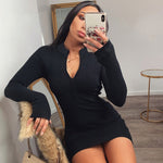 Collar Zipper Deep V-neck Solid Stretch Bodycon - Sabreeonline