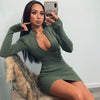 Collar Zipper Deep V-neck Solid Stretch Bodycon - Sabreeonline