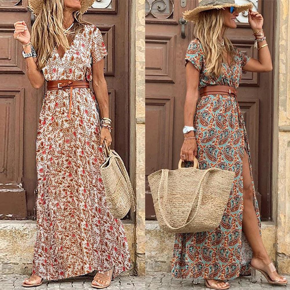 Women V Neck Short Sleeve Paisley Print Belt Large Hem Beach Long Dress print dress summer beach dress with belt - Sabreeonline