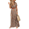 Women V Neck Short Sleeve Paisley Print Belt Large Hem Beach Long Dress print dress summer beach dress with belt - Sabreeonline