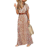 Women V Neck Short Sleeve Paisley Print Belt Large Hem Beach Long Dress print dress summer beach dress with belt - Sabreeonline