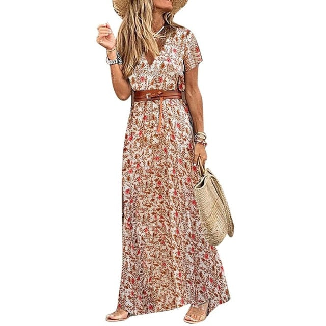Women V Neck Short Sleeve Paisley Print Belt Large Hem Beach Long Dress print dress summer beach dress with belt - Sabreeonline