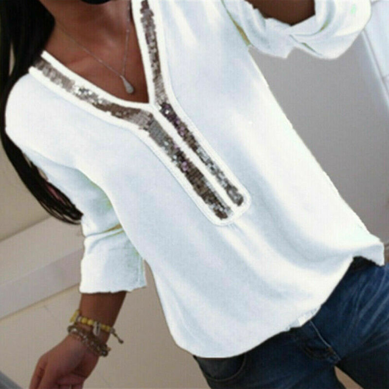 Long Sleeve Loose Blouse Casual V-Neck Sequined - Sabreeonline