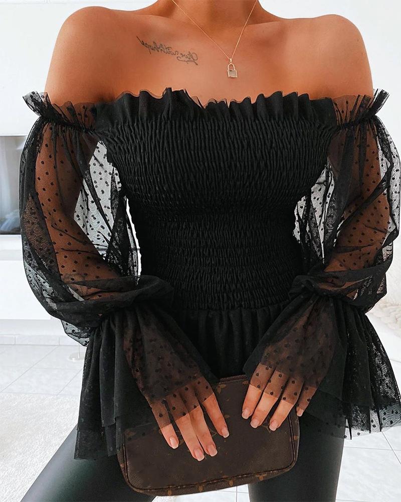 Off Shoulder Blouse Women Mesh Long Sleeve Lace - Sabreeonline
