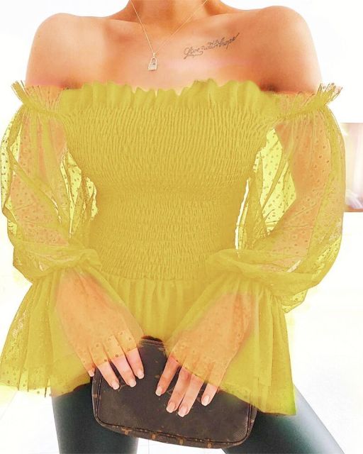 Off Shoulder Blouse Women Mesh Long Sleeve Lace - Sabreeonline