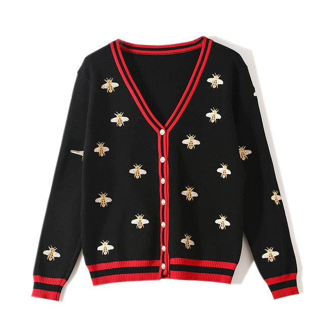 Bee Embroidery Cardigan Long Sleeve - Sabreeonline