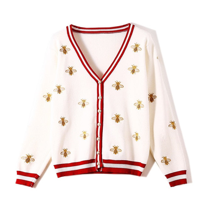 Bee Embroidery Cardigan Long Sleeve - Sabreeonline