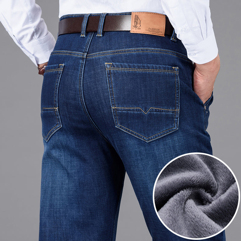 Winter warm Business Jeans Fashion Casual Denim Stretch Cotton Thick Fleece Denim Pants Male Brand Trousers - Sabreeonline