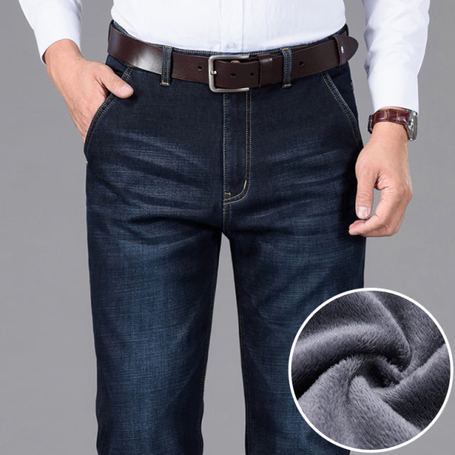 Winter warm Business Jeans Fashion Casual Denim Stretch Cotton Thick Fleece Denim Pants Male Brand Trousers - Sabreeonline