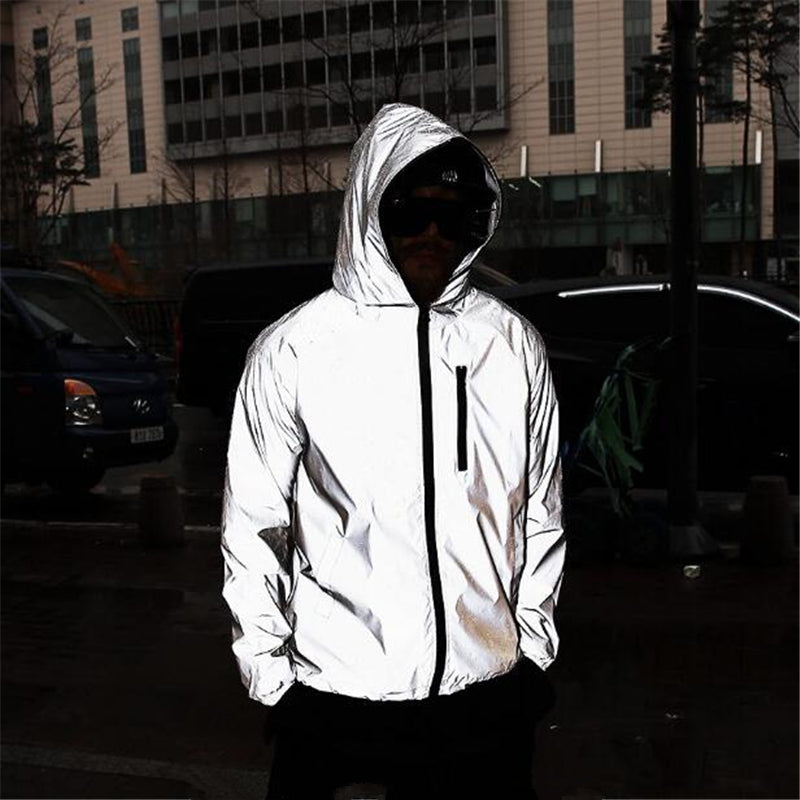 Plus Size 4XL Men Spring Autumn full reflective Windbreaker waterproof Jacket male High street hip hop Loose Hooded Coats - Sabreeonline