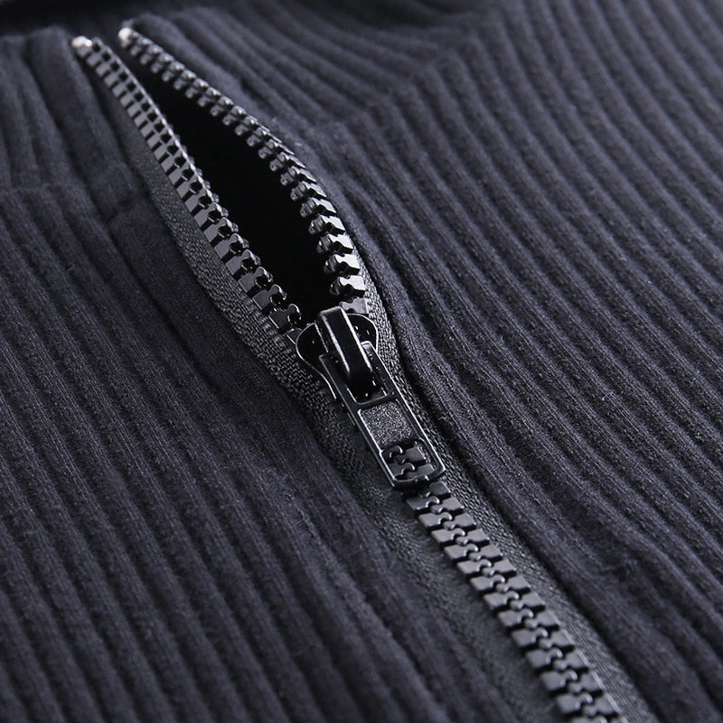 Collar Zipper Deep V-neck Solid Stretch Bodycon - Sabreeonline