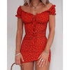 Off Shoulder Tie Up Front Ruffle Mini Dress - Sabreeonline