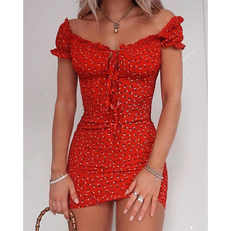 Off Shoulder Tie Up Front Ruffle Mini Dress - Sabreeonline