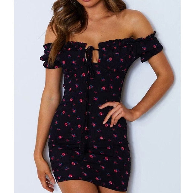 Off Shoulder Tie Up Front Ruffle Mini Dress - Sabreeonline