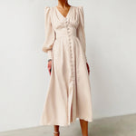 High Waist Satin Long Dress Elegant V Neck Women Midi Dresses Lantern Sleeve - Sabreeonline