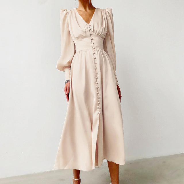 High Waist Satin Long Dress Elegant V Neck Women Midi Dresses Lantern Sleeve - Sabreeonline