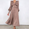 High Waist Satin Long Dress Elegant V Neck Women Midi Dresses Lantern Sleeve - Sabreeonline