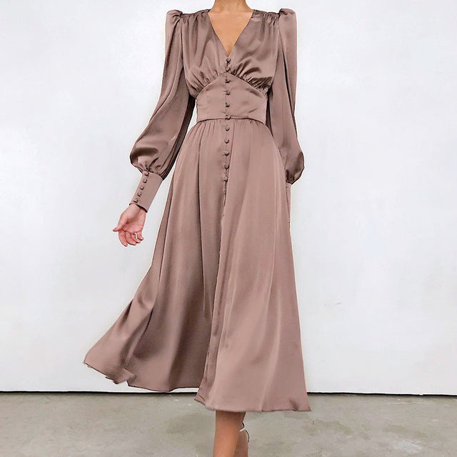 High Waist Satin Long Dress Elegant V Neck Women Midi Dresses Lantern Sleeve - Sabreeonline